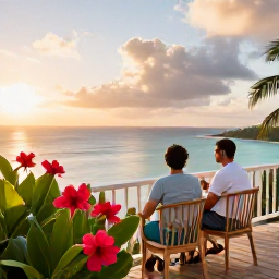 Caribbean Holidays, Caribbean Honeymoons, Newlywed couple relaxing on a private balcony overlooking a Caribbean bay at sunrise, tropical flowers and soft morning light