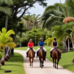 Caribbean Holidays, Caribbean Horse Riding, Friendly Caribbean trail guide helping holidaymakers mount horses at a tropical riding centre surrounded by lush greenery