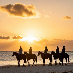 Caribbean Holidays, Caribbean Horse Riding, Golden sunset over a Caribbean beach with a small group of horseback riders silhouetted beside the sea