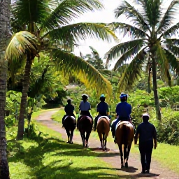 Caribbean Holidays, Caribbean Horse Riding, Horse riders following a shaded tropical trail through palms and green Caribbean countryside, with a guide leading the group