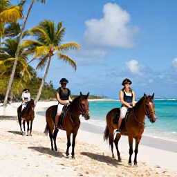 Caribbean Holidays, Caribbean Horse Riding, Riders on well cared-for horses travelling along a sunlit Caribbean beach, turquoise sea and palm trees in the background