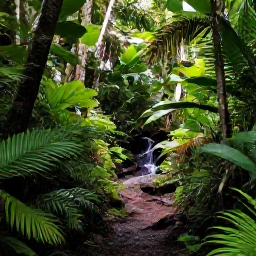 Caribbean Holidays, Caribbean in June, A lush Caribbean rainforest trail in June with tropical plants, filtered sunlight and a small waterfall