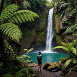 Caribbean Holidays, Caribbean in November, A traveller walking through a lush Caribbean rainforest beside ferns, palms and a clear waterfall