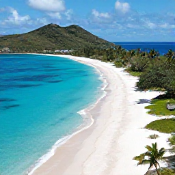 Caribbean Holidays, Caribbean Instagram Hotspots, Aerial view of a curved white-sand beach and vivid blue water at The Baths on Virgin Gorda, British Virgin Islands
