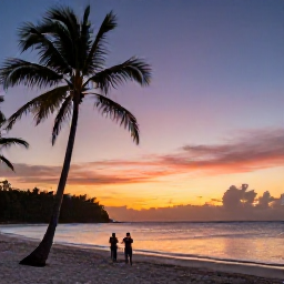 Caribbean Holidays, Caribbean Instagram Hotspots, Colourful sunset over a quiet Caribbean beach with silhouettes of palm trees and two travellers watching the horizon