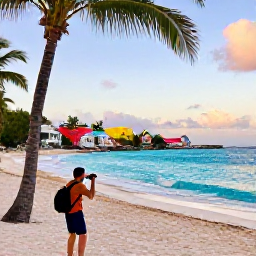 Caribbean Holidays, Caribbean Instagram Hotspots, Golden-hour view of a colourful Caribbean beach town with turquoise sea, palm trees and a stylish travel photographer taking pictures