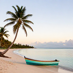 Caribbean Holidays, Caribbean Instagram Hotspots, Palm-lined beach with calm turquoise water and a colourful wooden fishing boat in Barbados at sunrise