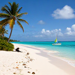 Caribbean Holidays, Caribbean Island Hopping, A bright Caribbean beach with turquoise water, palm trees and a small sailing boat near the shore