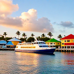 Caribbean Holidays, Caribbean Island Hopping, A bright Caribbean harbour at sunrise with a small inter-island ferry, colourful waterfront buildings and palm trees