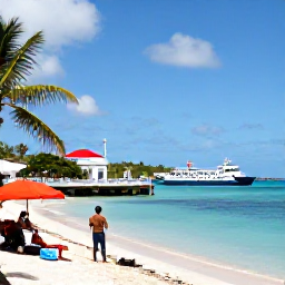 Caribbean Holidays, Caribbean Island Hopping, A bright Caribbean harbour with a small inter-island ferry, turquoise water, palm trees and relaxed travellers preparing to explore nearby islands