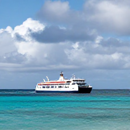 Caribbean Holidays, Caribbean Island Hopping, A Caribbean ferry or small cruise boat travelling between tropical islands beneath a partly cloudy October sky