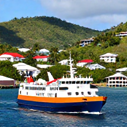 Caribbean Holidays, Caribbean Island Hopping, A colourful Caribbean ferry approaching a harbour surrounded by green hills and tropical homes