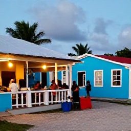 Caribbean Holidays, Caribbean Island Hopping, A colourful Caribbean waterfront village with a small restaurant, fresh local dishes, musicians and visitors enjoying an authentic island evening