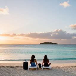 Caribbean Holidays, Caribbean Island Hopping, A couple relaxing on a Caribbean beach at sunset, with luggage nearby, calm turquoise sea and a small island on the horizon