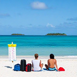 Caribbean Holidays, Caribbean Island Hopping, A couple relaxing on a quiet Caribbean beach beside luggage and a small ferry timetable, with tropical islands visible across the sea