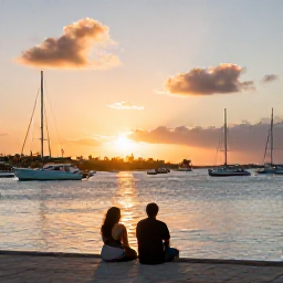 Caribbean Holidays, Caribbean Island Hopping, A couple watching the sunset from a Caribbean waterfront promenade with boats in the harbour