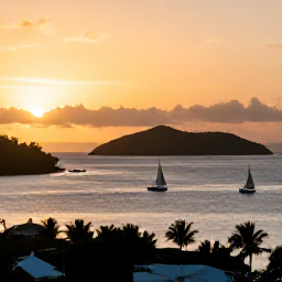 Caribbean Holidays, Caribbean Island Hopping, A panoramic Caribbean sunset over Union Island, with sailing boats in a calm bay and distant green islands