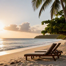 Caribbean Holidays, Caribbean Island Hopping, A peaceful Caribbean beach at sunrise with a comfortable sun lounger, gentle waves, tropical foliage and a calm wellness atmosphere