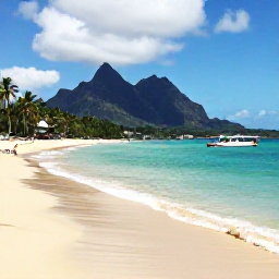Caribbean Holidays, Caribbean Island Hopping, A peaceful Nevis beach with clear turquoise water, palm trees, volcanic mountain views and a small water taxi arriving from Saint Kitts