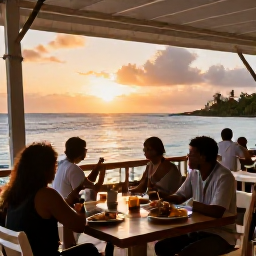 Caribbean Holidays, Caribbean Island Hopping, A relaxed Caribbean seaside restaurant at sunset with outdoor tables, local food and guests enjoying the view