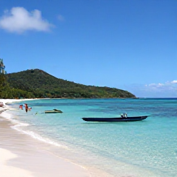 Caribbean Holidays, Caribbean Island Hopping, A secluded Caribbean beach with clear shallow water, snorkellers near a coral reef and green hills beyond the bay