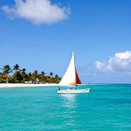 Caribbean Holidays, Caribbean Island Hopping, A small sailing boat approaching a bright Caribbean island with turquoise water, sandy beach and palm trees under a clear blue sky