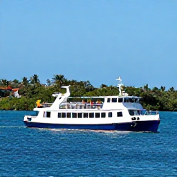 Caribbean Holidays, Caribbean Island Hopping, A traditional Caribbean ferry crossing calm blue sea between green tropical islands, with passengers enjoying the sunny journey