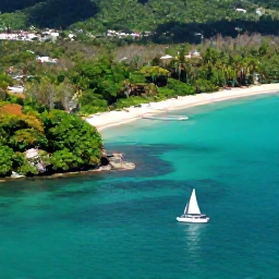 Caribbean Holidays, Caribbean Island Hopping, Aerial photograph of Trinidad and Tobago with turquoise sea, green rainforest, beaches and a small inter-island sailing boat