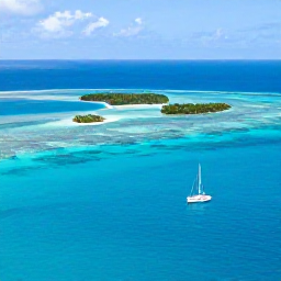 Caribbean Holidays, Caribbean Island Hopping, Aerial view of Mustique and the Tobago Cays, showing bright blue water, tiny islands, reefs and anchored sailing boats