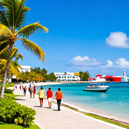 Caribbean Holidays, Caribbean Island Hopping, Caribbean island-hopping scene with colourful harbour, small boat, palm-lined waterfront and travellers exploring a new island