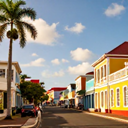 Caribbean Holidays, Caribbean Island Hopping, Colourful Basseterre street scene in Saint Kitts, with historic Georgian buildings, palm trees and visitors exploring in warm July sunshine