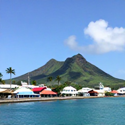 Caribbean Holidays, Caribbean Island Hopping, Colourful Caribbean harbour with a cruise ship, palm trees and green volcanic hills on a sunny May morning