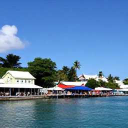 Caribbean Holidays, Caribbean Island Hopping, Colourful Kingstown waterfront with market stalls, tropical greenery and blue Caribbean sea on a sunny July morning