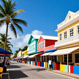 Caribbean Holidays, Caribbean Island Hopping, Colourful Port of Spain street scene with Caribbean architecture, market stalls, palm trees and friendly local atmosphere