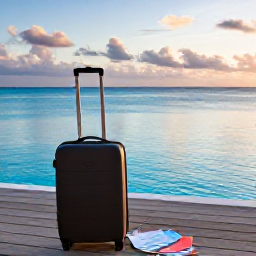 Caribbean Holidays, Caribbean Island Hopping, Comfortable Caribbean resort terrace overlooking a calm blue sea at sunset, suitcase and travel map suggesting a planned island-hopping journey