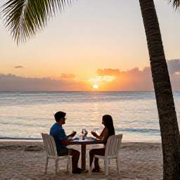 Caribbean Holidays, Caribbean Island Hopping, Couple dining beside a Caribbean beach at sunset, informal table, palm trees and calm sea