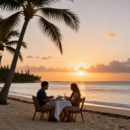 Caribbean Holidays, Caribbean Island Hopping, Couple enjoying a sunset dinner beside a Caribbean beach, with warm evening light and palm trees