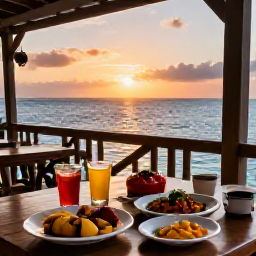 Caribbean Holidays, Caribbean Island Hopping, Friendly Caribbean restaurant terrace at sunset, with local dishes, rum drinks and a view over the sea