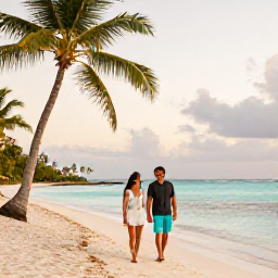 Caribbean Holidays, Caribbean Island Hopping, Happy couple walking along a palm-fringed Caribbean beach with clear water and a soft golden evening sky