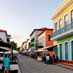 Caribbean Holidays, Caribbean Island Hopping, Historic Caribbean waterfront street with colourful buildings, a local market, musicians and travellers exploring in warm afternoon light