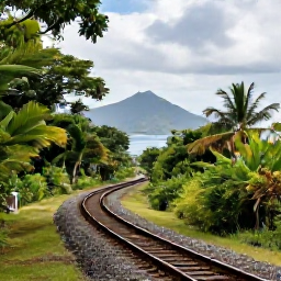 Caribbean Holidays, Caribbean Island Hopping, Historic railway winding through lush tropical countryside on Saint Kitts, with the sea and mountains in the distance