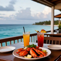 Caribbean Holidays, Caribbean Island Hopping, Outdoor Caribbean restaurant beside the sea with fresh seafood, tropical drinks and a relaxed evening atmosphere