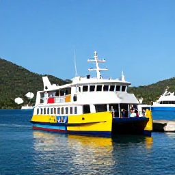Caribbean Holidays, Caribbean Island Hopping, Passengers boarding a comfortable inter-island ferry at a sunny Caribbean harbour, with colourful boats and tropical hills in the background