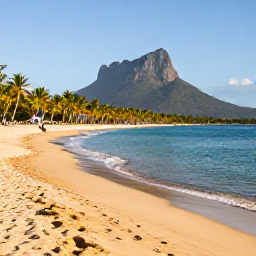 Caribbean Holidays, Caribbean Island Hopping, Quiet golden beach on Nevis with palm trees, calm Caribbean water and Mount Nevis rising in the background
