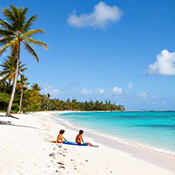 Caribbean Holidays, Caribbean Island Hopping, Relaxed beach scene on a Grenadine island in March, with white sand, turquoise water, palm trees and a couple enjoying a peaceful swim