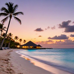 Caribbean Holidays, Caribbean Island Hopping, Relaxed Caribbean beach at sunset with palm trees, calm turquoise water and a small island hotel glowing warmly in July