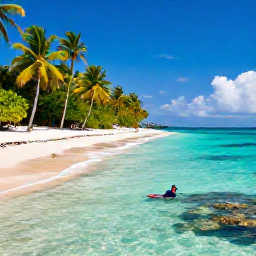 Caribbean Holidays, Caribbean Island Hopping, Relaxed Tobago beach with clear turquoise water, soft sand, palm trees and a snorkeller near a coral reef