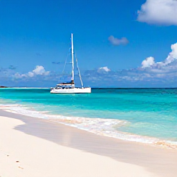 Caribbean Holidays, Caribbean Island Hopping, Sailing between small Grenadine islands with turquoise sea, white beaches and a traditional Caribbean catamaran under blue skies