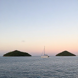 Caribbean Holidays, Caribbean Island Hopping, Sailing boat between the Grenadine islands at sunset, with calm blue water and small green islands