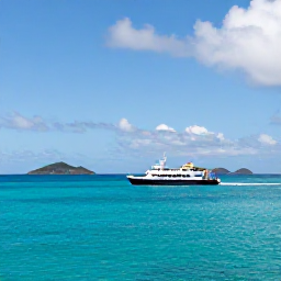 Caribbean Holidays, Caribbean Island Hopping, Stylish Caribbean island-hopping scene with a small ferry, tropical sea and several islands visible on the horizon